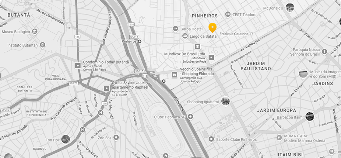Mapa marcando a localização da loja do Rio de Janeiro, em Rua Ali Perto, 82 - Pinheiros - São Paulo - SP